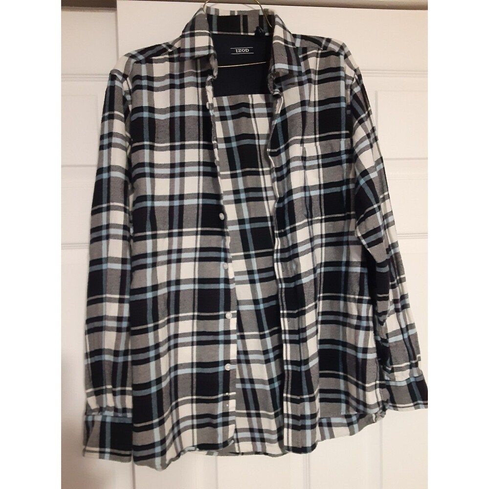 IZOD Large L Blue Plaid Flannel Shirt Men's Cotton Button Down Long Sleeve